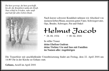 Traueranzeige von Helmut Jacob von Südthüringer Presse