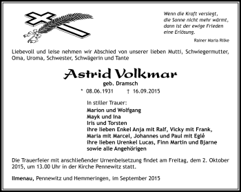 Traueranzeige von Astrid Volkmar von Südthüringer Presse