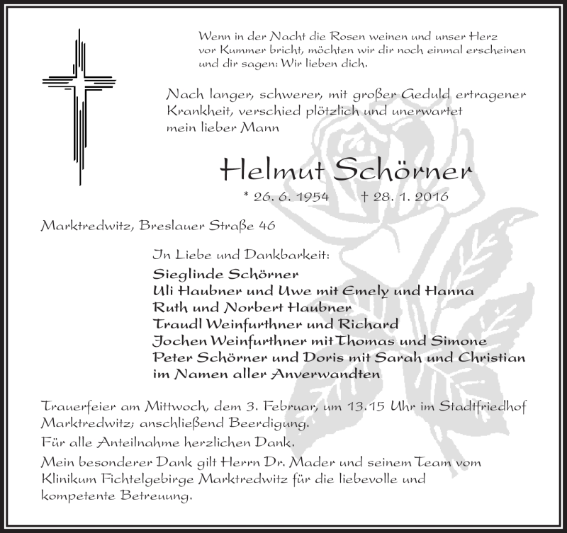  Traueranzeige für Helmut Schörner vom 30.01.2016 aus Frankenpost
