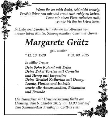 Traueranzeige von Margarete Grätz von Südthüringer Presse
