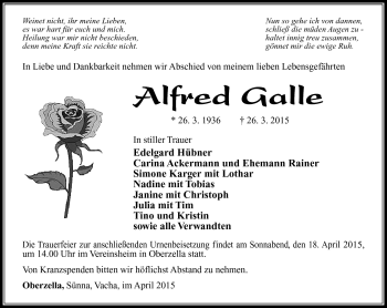Traueranzeige von Alfred Galle von Südthüringer Presse