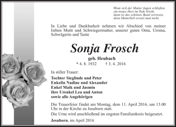 Traueranzeige von Sonja Frosch von Südthüringer Presse