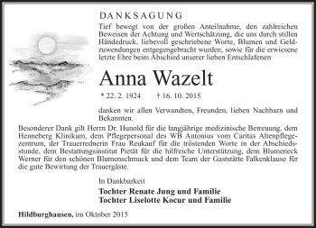 Traueranzeige von Anna Wazelt von Südthüringer Presse