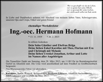 Traueranzeige von Hermann Ing. oec. Hofmann von Südthüringer Presse