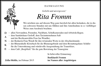 Traueranzeige von Rita Fromm von Südthüringer Presse