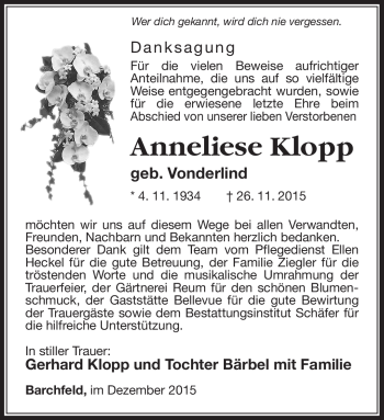 Traueranzeige von Anneliese Klopp von Südthüringer Presse
