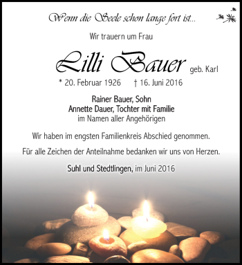Traueranzeige von Lilli Bauer von Südthüringer Presse