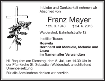 Traueranzeige von Franz Mayer von Frankenpost