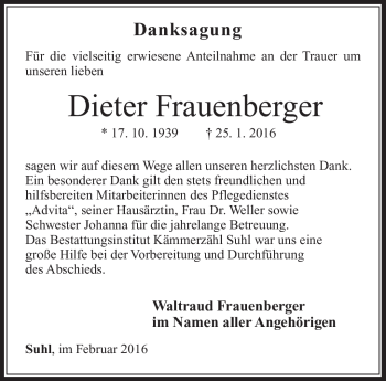 Traueranzeige von Dieter Frauenberger von Südthüringer Presse