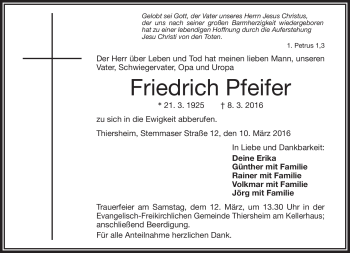 Traueranzeige von Friedrich Pfeifer von Frankenpost