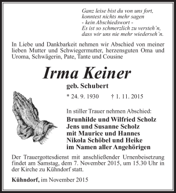 Traueranzeige von Irma Keiner von Südthüringer Presse