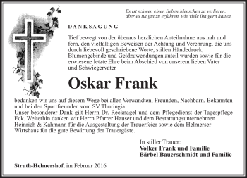 Traueranzeige von Oskar Frank von Südthüringer Presse