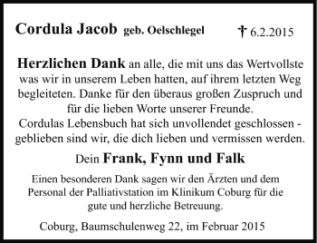 Traueranzeige von Cordula Jacob von Neue Presse Coburg