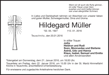 Traueranzeige von Hildegard Müller von Neue Presse Coburg