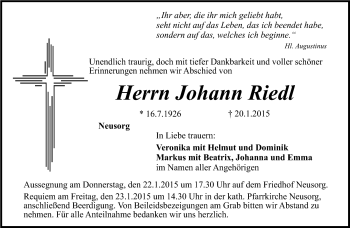 Traueranzeige von Johann Riedl von Frankenpost