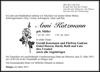 Traueranzeige von Anni Katzmann von Südthüringer Presse