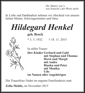 Traueranzeige von Hildegard Henkel von Südthüringer Presse