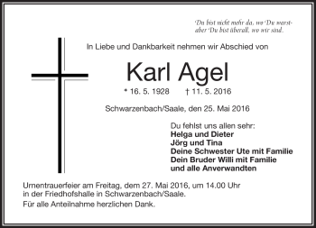 Traueranzeige von Karl Agel von Frankenpost