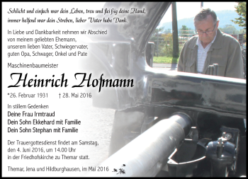 Traueranzeige von Heinrich Hofmann von Südthüringer Presse