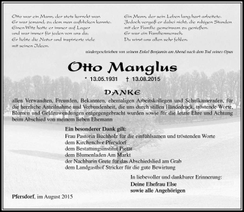 Traueranzeige von Otto Manglus von Südthüringer Presse