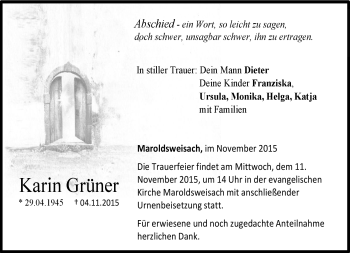 Traueranzeige von Karin Grüner von Neue Presse Coburg