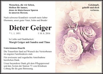 Traueranzeige von Dieter Geiger von Neue Presse Coburg