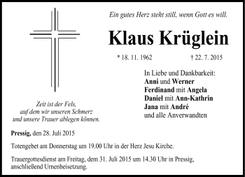 Traueranzeige von Klaus Krüglein von Neue Presse Coburg