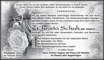 Traueranzeige von Christa Schuh von Südthüringer Presse