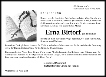 Traueranzeige von Erna Bittorf von Südthüringer Presse