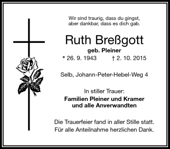 Traueranzeige von Ruth Breßgott von Frankenpost