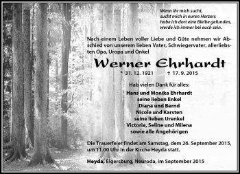 Traueranzeige von Werner Ehrhardt von Südthüringer Presse