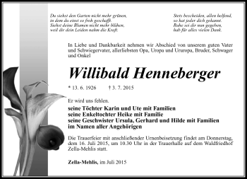 Traueranzeige von Willibald Henneberger von Südthüringer Presse