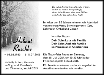 Traueranzeige von Helmut Ruschke von Südthüringer Presse