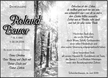 Traueranzeige von Roland Bauer von Südthüringer Presse