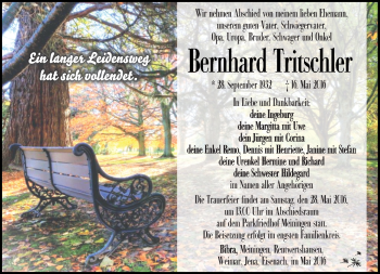 Traueranzeige von Bernhard Tritschler von Südthüringer Presse