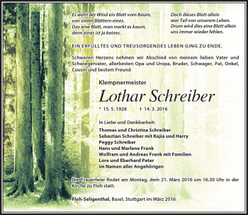 Traueranzeige von Lothar Schreiber von Südthüringer Presse