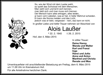 Traueranzeige von Alois Laußer von Frankenpost