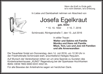 Traueranzeige von Josefa Egelkraut von Frankenpost