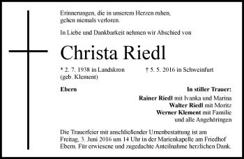 Traueranzeige von Christa Riedl von Neue Presse Coburg