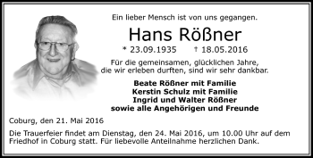 Traueranzeige von Hans Rößner von Neue Presse Coburg
