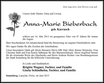 Traueranzeige von Anna-Marie Bieberbach von Südthüringer Presse