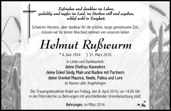 Traueranzeige von Helmut Rußwurm von Südthüringer Presse