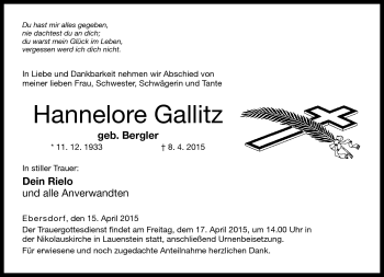 Traueranzeige von Hannelore Gallitz von Neue Presse Coburg