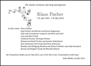 Traueranzeige von Fischer Klaus von Südthüringer Presse