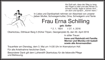 Traueranzeige von Erna Schilling von Frankenpost