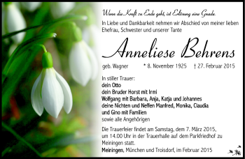 Traueranzeige von Anneliese Behrens von Südthüringer Presse