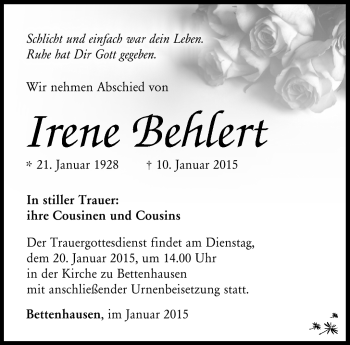 Traueranzeige von Irene Behlert von Südthüringer Presse