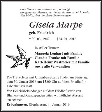 Traueranzeige von Gisela Marpe von Südthüringer Presse
