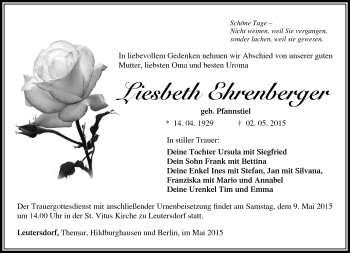 Traueranzeige von liesbeth Ehrenberger von Südthüringer Presse