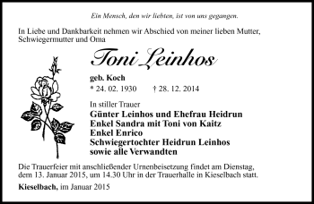 Traueranzeige von Leinhos Toni von Südthüringer Presse
